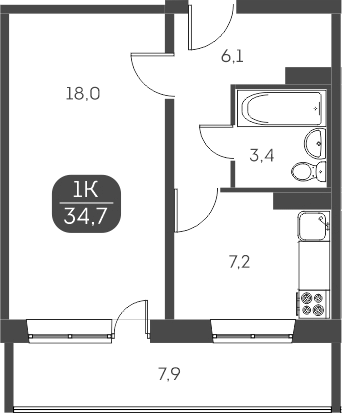 Планировка 1-к.кв 34.63 м² в ЖК «Аквамарин»