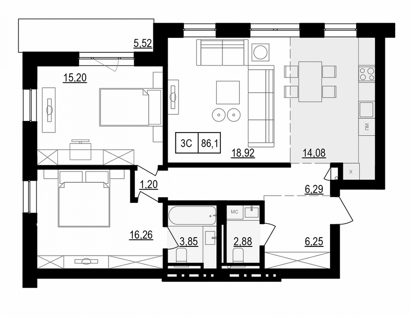 Планировка 3е-к.кв 87.03 м² в ЖК «Жуковка»