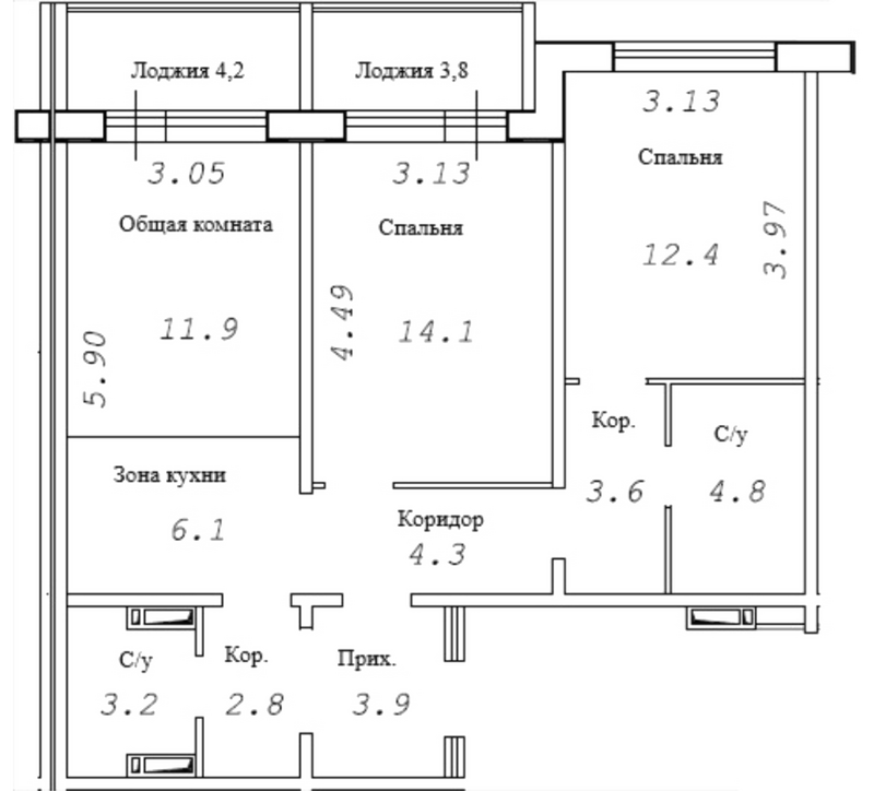Планировка 3е-к. квартира 67.10 м² в ЖК «Фламинго»