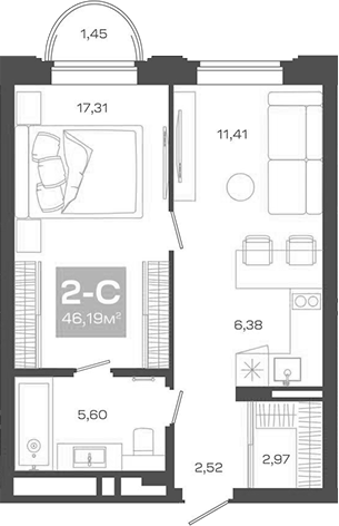 Планировка 2е-к.кв 46.19 м² в ЖК «Пульсар»