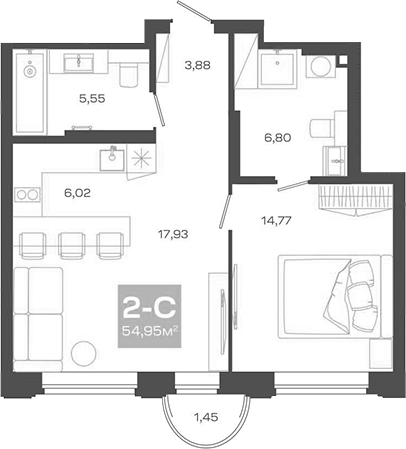 Планировка 2е-к. квартира 54.95 м² в ЖК «Пульсар»