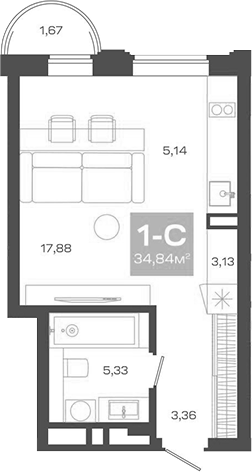 Планировка студии 34.84 м² в ЖК «Пульсар»