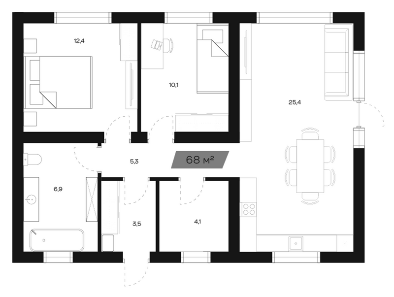 Планировка коттеджи 68.00 м² в ЖК «Коттеджный поселок Freedom Village»