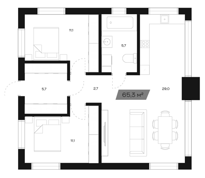 Планировка коттеджи 65.00 м² в ЖК «Коттеджный поселок Freedom Village»