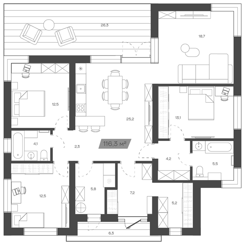 Планировка коттеджи 116.00 м² в ЖК «Коттеджный поселок Freedom Village»