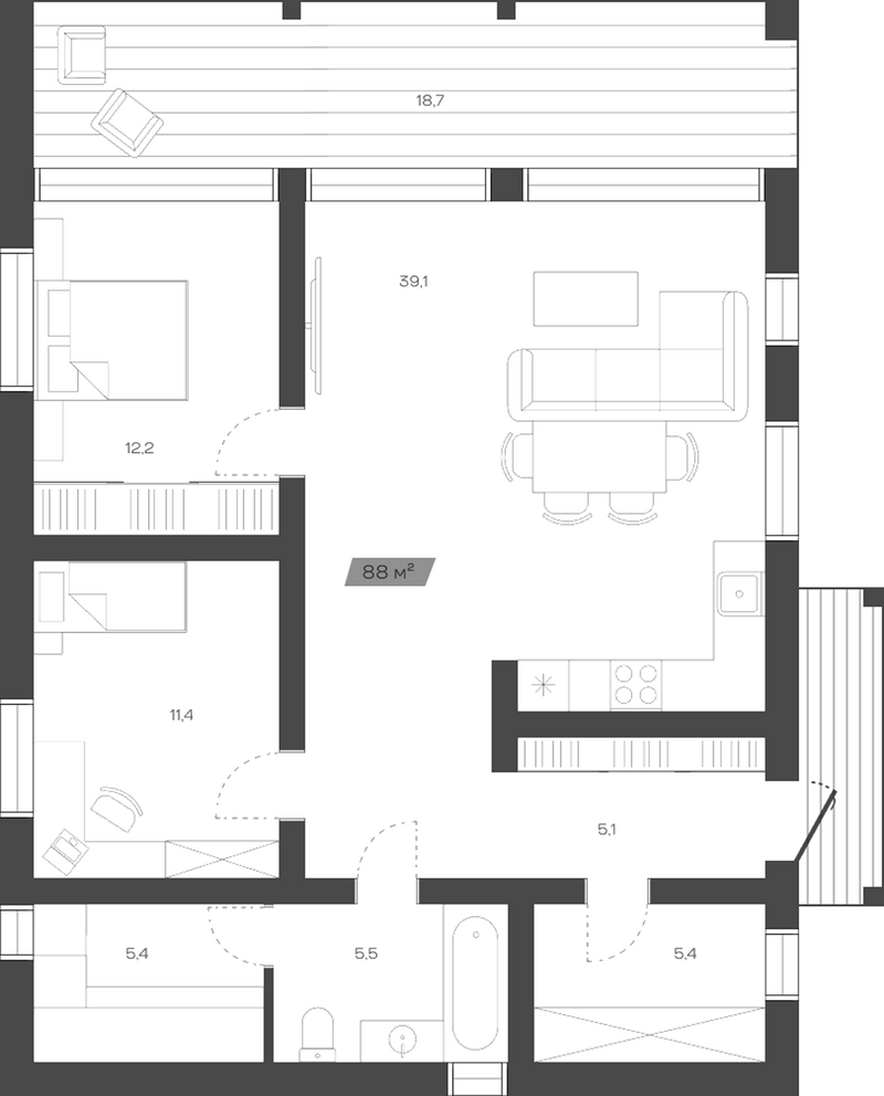 Планировка коттеджи 88.00 м² в ЖК «Коттеджный поселок Freedom Village»