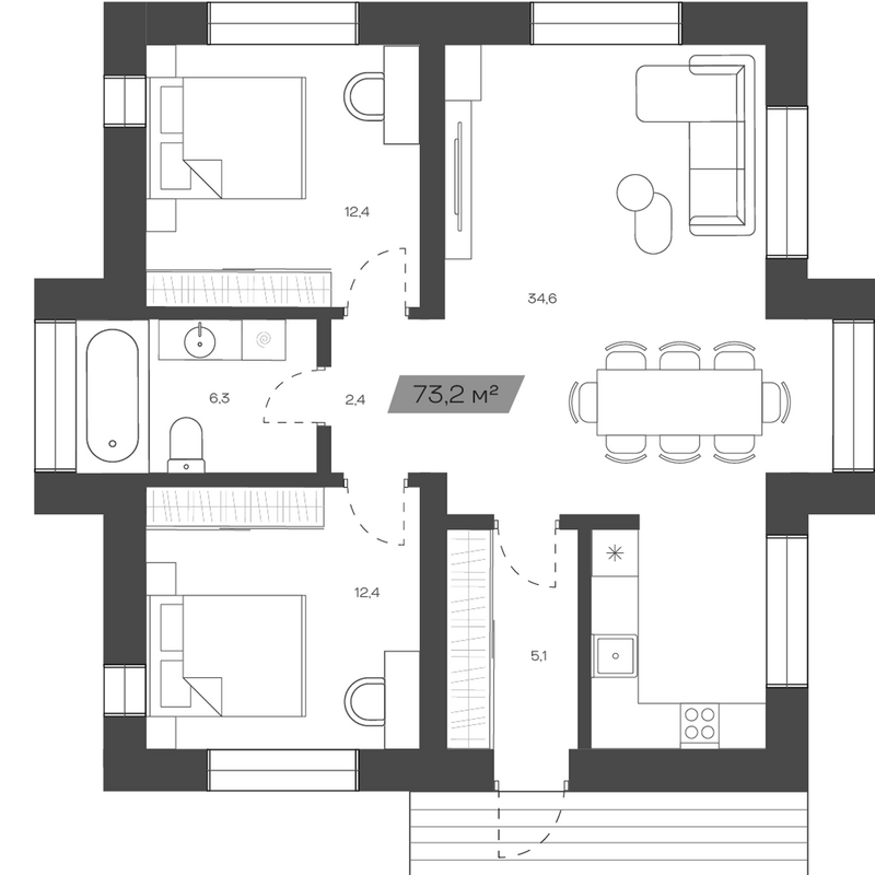 Планировка коттеджи 73.20 м² в ЖК «Коттеджный поселок Freedom Village»