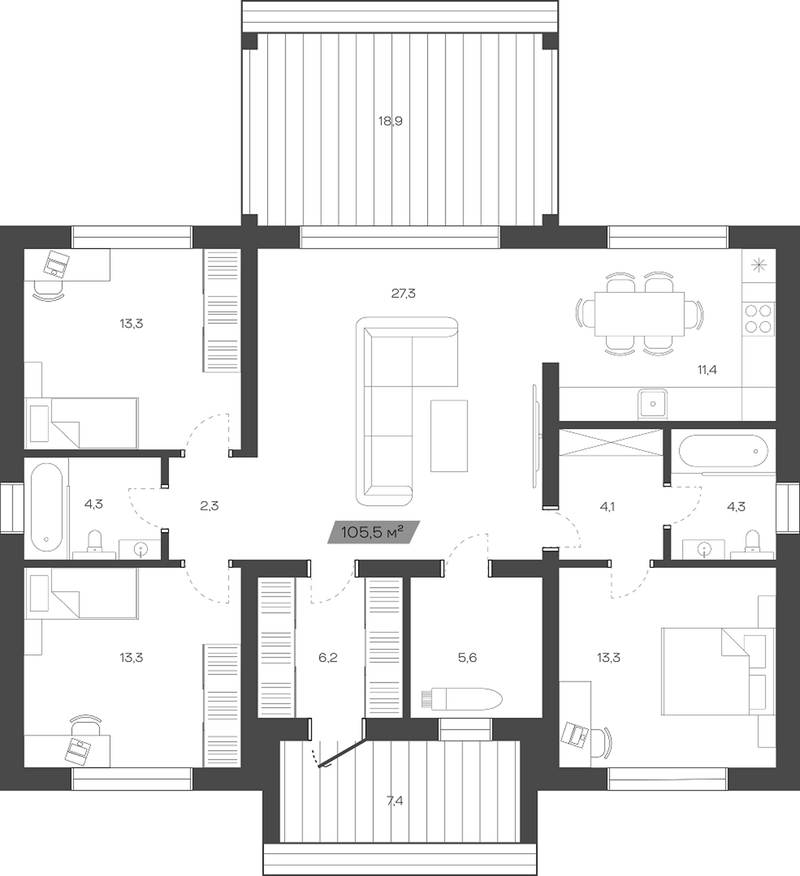 Планировка коттеджи 105.50 м² в ЖК «Коттеджный поселок Freedom Village»