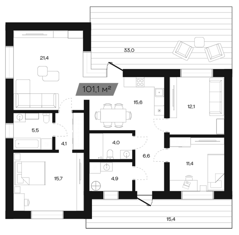 Планировка коттеджи 101.00 м² в ЖК «Коттеджный поселок Freedom Village»