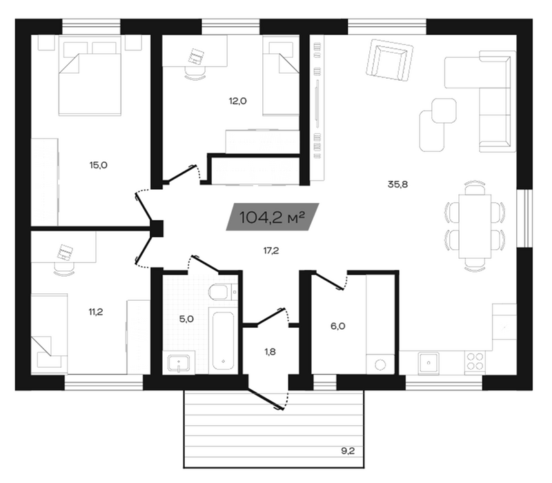 Планировка коттеджи 104.00 м² в ЖК «Коттеджный поселок Freedom Village»