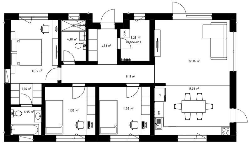 Планировка коттеджи 110.00 м² в ЖК «Коттеджный поселок Freedom Village»
