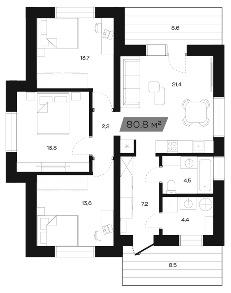 Планировка коттеджи 80.00 м² в ЖК «Коттеджный поселок Freedom Village»