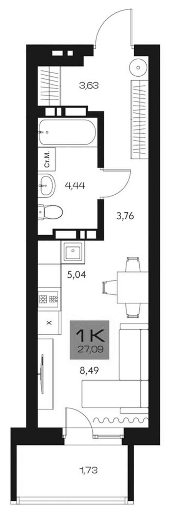 Планировка студии 25.36 м² в ЖК «Параграф. Томск»