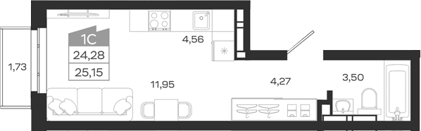 Планировка студии 24.95 м² в ЖК «1804 Квартал на Сибирской. Томск»
