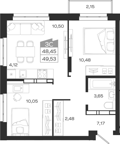 Планировка 3е-к.кв 48.77 м² в ЖК «1804 Квартал на Сибирской. Томск»