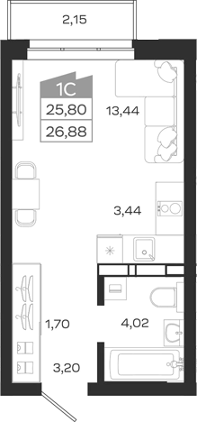 Планировка студии 25.80 м² в ЖК «1804 Квартал на Сибирской. Томск»