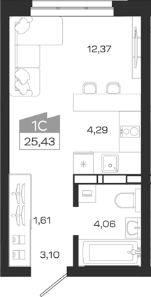 Планировка студии 25.43 м² в ЖК «1804 Квартал на Сибирской. Томск»