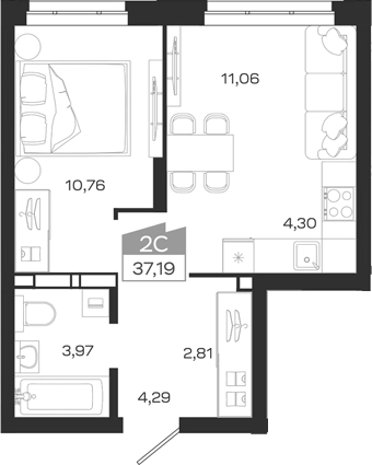 Планировка 2е-к.кв 37.19 м² в ЖК «1804 Квартал на Сибирской. Томск»