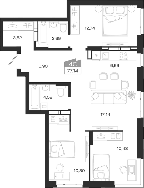 Планировка 4е-к.кв 78.07 м² в ЖК «1804 Квартал на Сибирской. Томск»