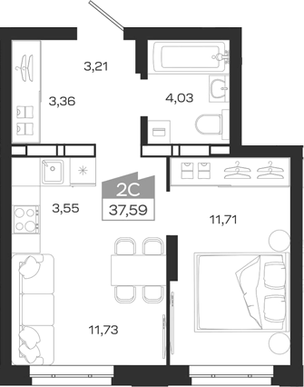 Планировка 2е-к.кв 37.59 м² в ЖК «1804 Квартал на Сибирской. Томск»