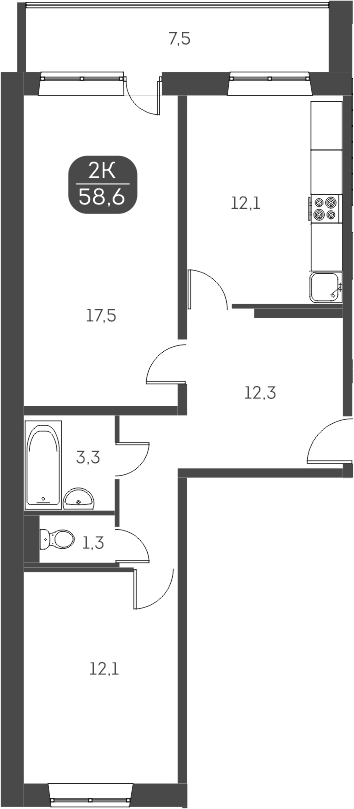 Планировка 2-к.кв 58.62 м² в ЖК «Аквамарин»