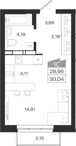 Планировка студии 28.96 м² в ЖК «1804 Квартал на Сибирской. Томск»