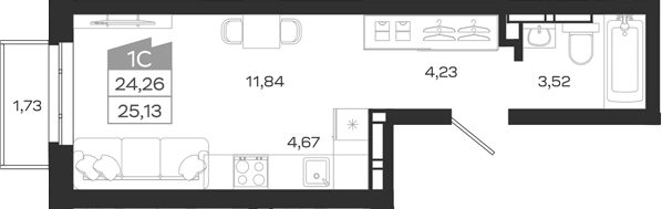 Планировка студии 24.93 м² в ЖК «1804 Квартал на Сибирской. Томск»
