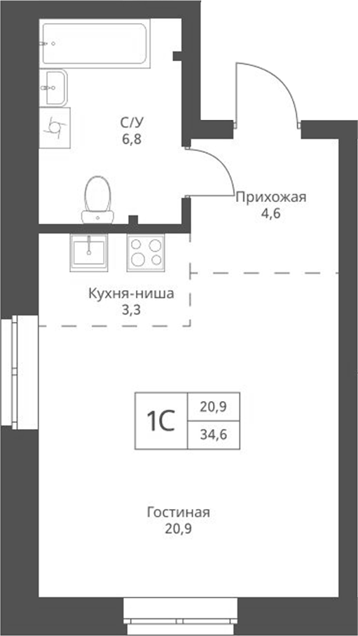Планировка студии 35.60 м² в ЖК «Фора»