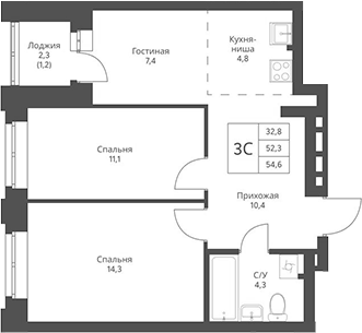 Планировка 3е-к.кв 52.30 м² в ЖК «Фора»