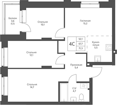Планировка 4е-к.кв 67.70 м² в ЖК «Фора»
