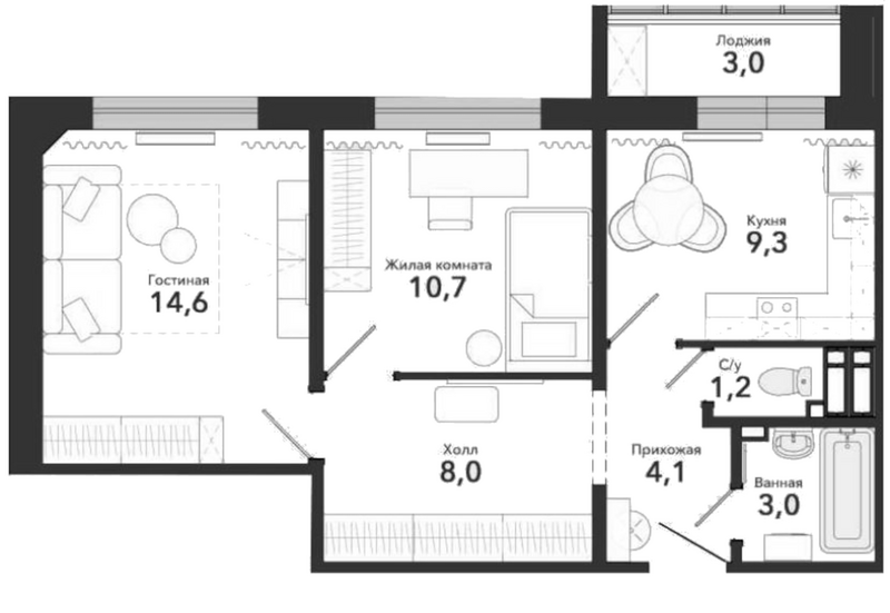 Планировка 2-к.кв 50.90 м² в ЖК «Околица»