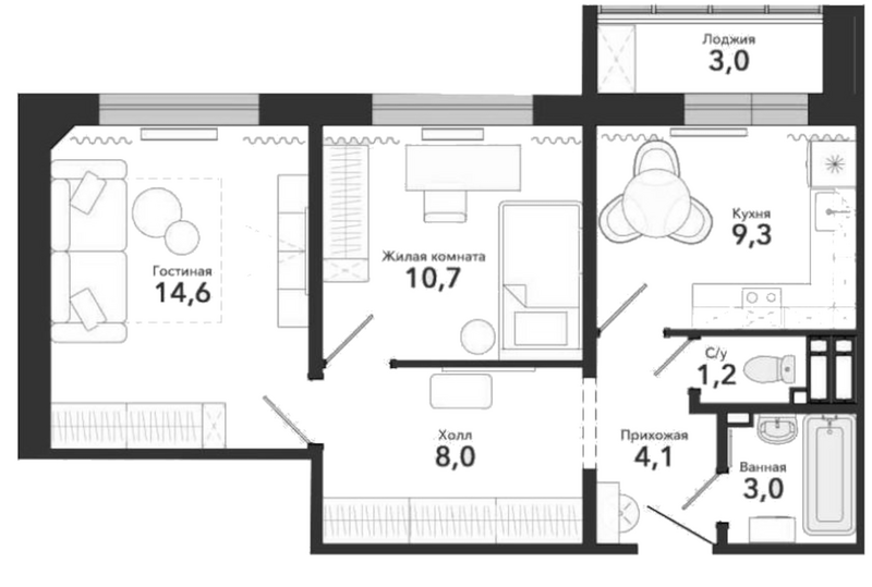 Планировка 2-к.кв 50.90 м² в ЖК «Околица»