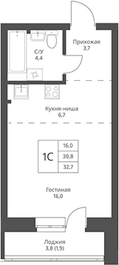 Планировка студии 30.80 м² в ЖК «Фора»