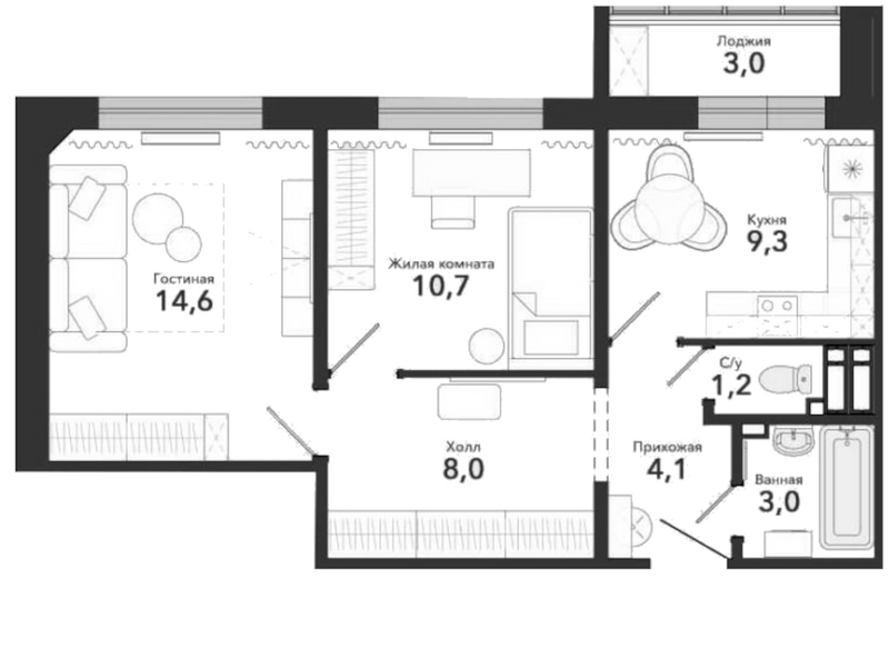 Планировка 2-к.кв 50.90 м² в ЖК «Околица»