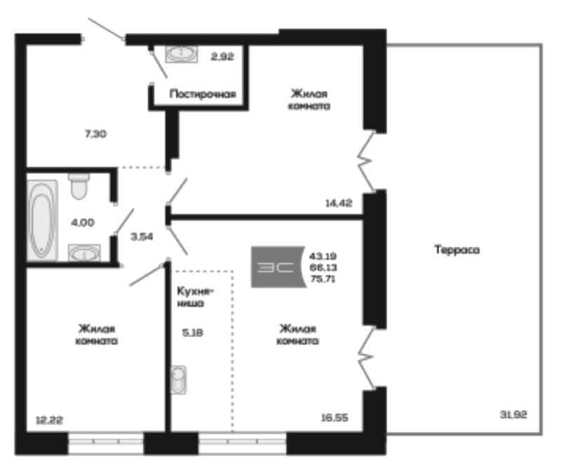 Планировка 2-к.кв 66.13 м² в ЖК «Салют»