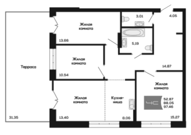 Планировка 4е-к. квартира 88.06 м² в ЖК «Салют»