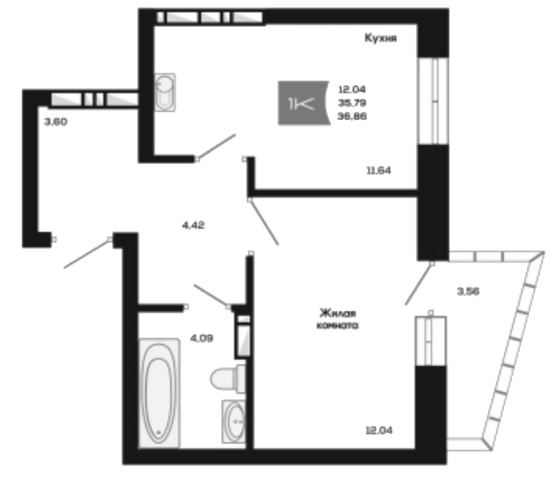 Планировка 1-к. квартира 35.79 м² в ЖК «Салют»
