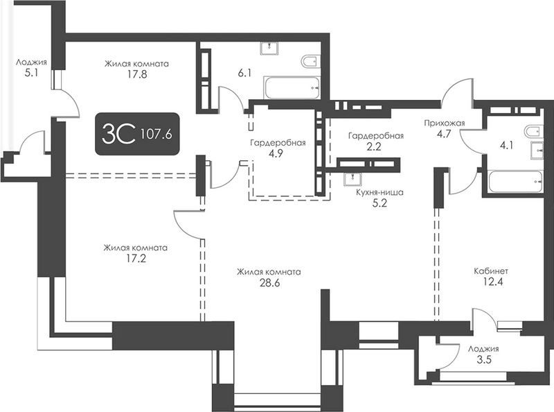 Планировка 4-к.кв 103.30 м² в ЖК «Сити Тауэрс»