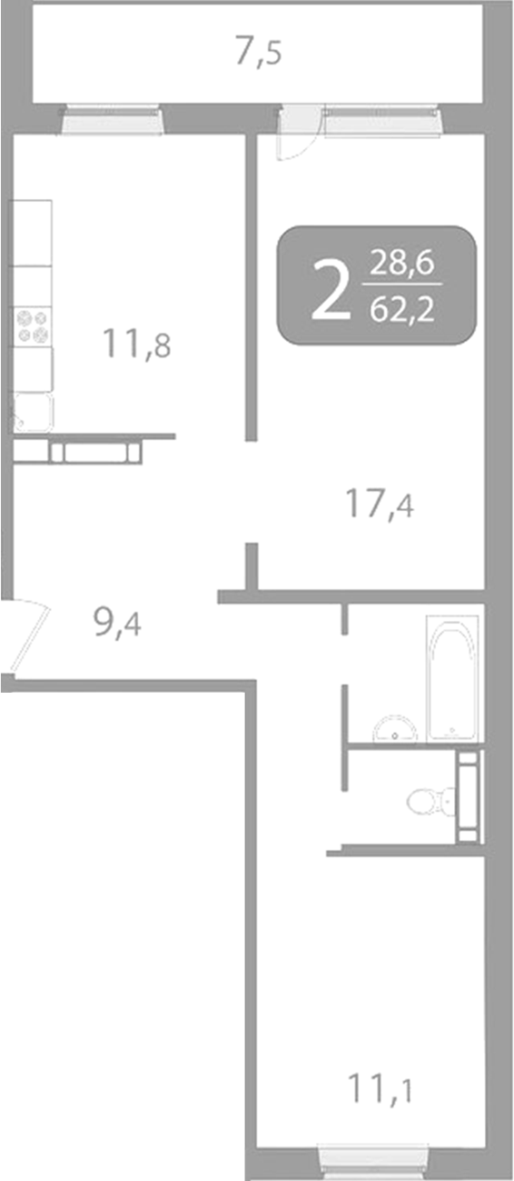 Планировка 2-к.кв 60.04 м² в ЖК «Радонежский. Томск»