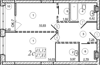 Планировка 2е-к.кв 45.32 м² в ЖК «Астон. Шесть Звезд»