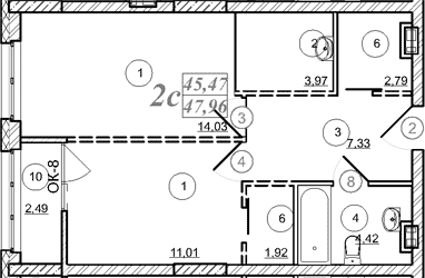 Планировка 2е-к.кв 45.47 м² в ЖК «Астон. Шесть Звезд»