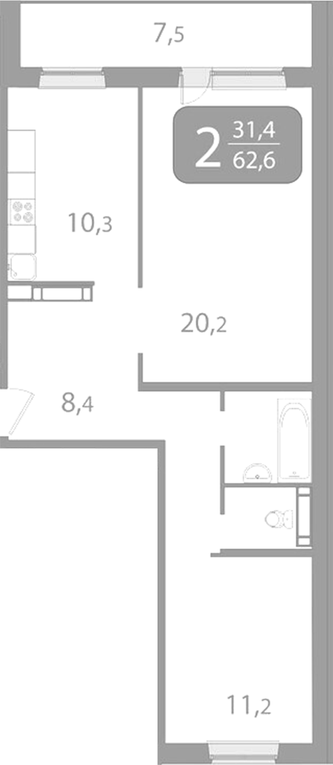Планировка 2-к. квартира 60.42 м² в ЖК «Радонежский. Томск»