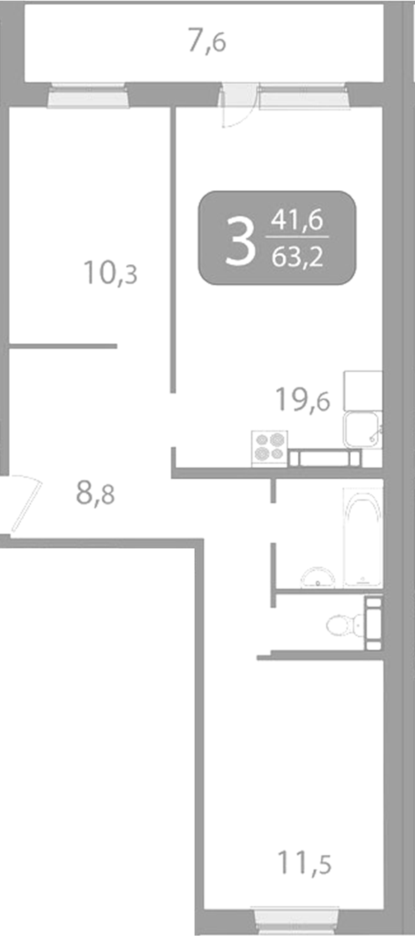 Планировка 3е-к. квартира 60.98 м² в ЖК «Радонежский. Томск»