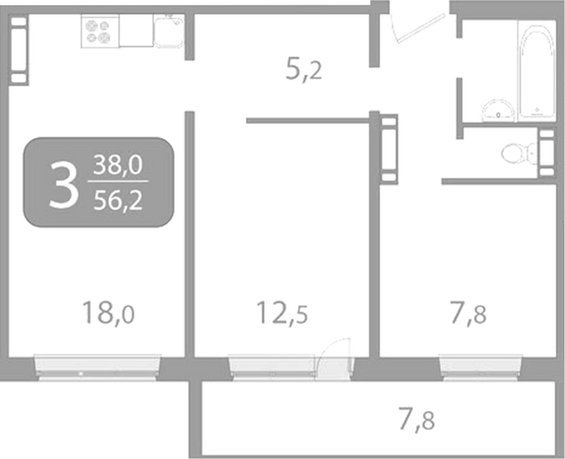 Планировка 3е-к. квартира 53.87 м² в ЖК «Радонежский. Томск»