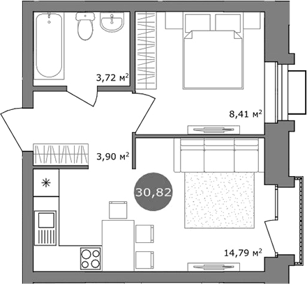 Планировка 2е-к.кв 30.80 м² в ЖК «19/56 Кварталы Телецентра»