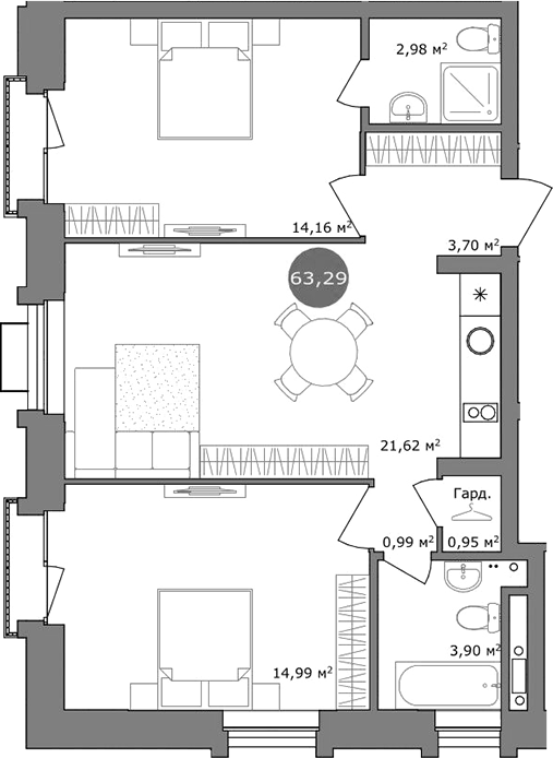 Планировка 3е-к.кв 63.00 м² в ЖК «19/56 Кварталы Телецентра»