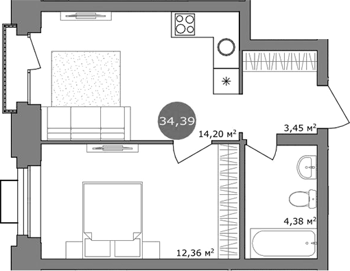 Планировка 2е-к.кв 34.00 м² в ЖК «19/56 Кварталы Телецентра»