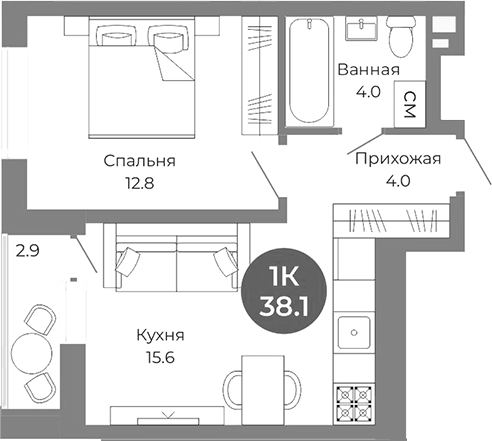 Планировка 1-к.кв 36.65 м² в ЖК «Квартал на Российской»