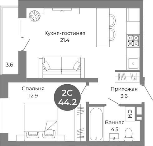 Планировка 2е-к.кв 42.40 м² в ЖК «Квартал на Российской»