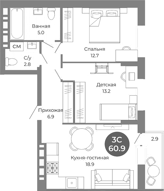 Планировка 3е-к.кв 59.50 м² в ЖК «Квартал на Российской»